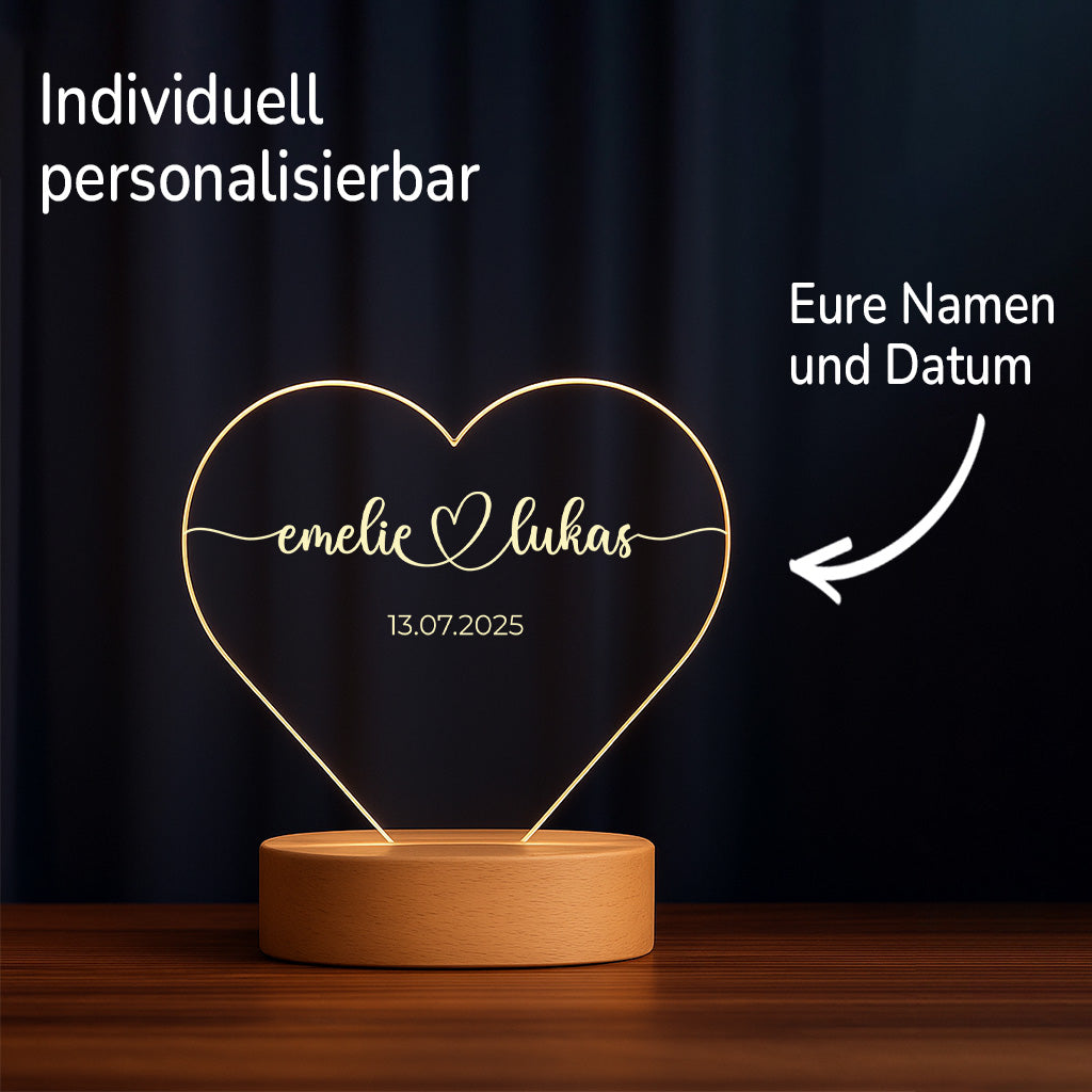 Geschenk für Paare – Namen & Datum – Personalisierte Herz-Acryl Nachtlampe