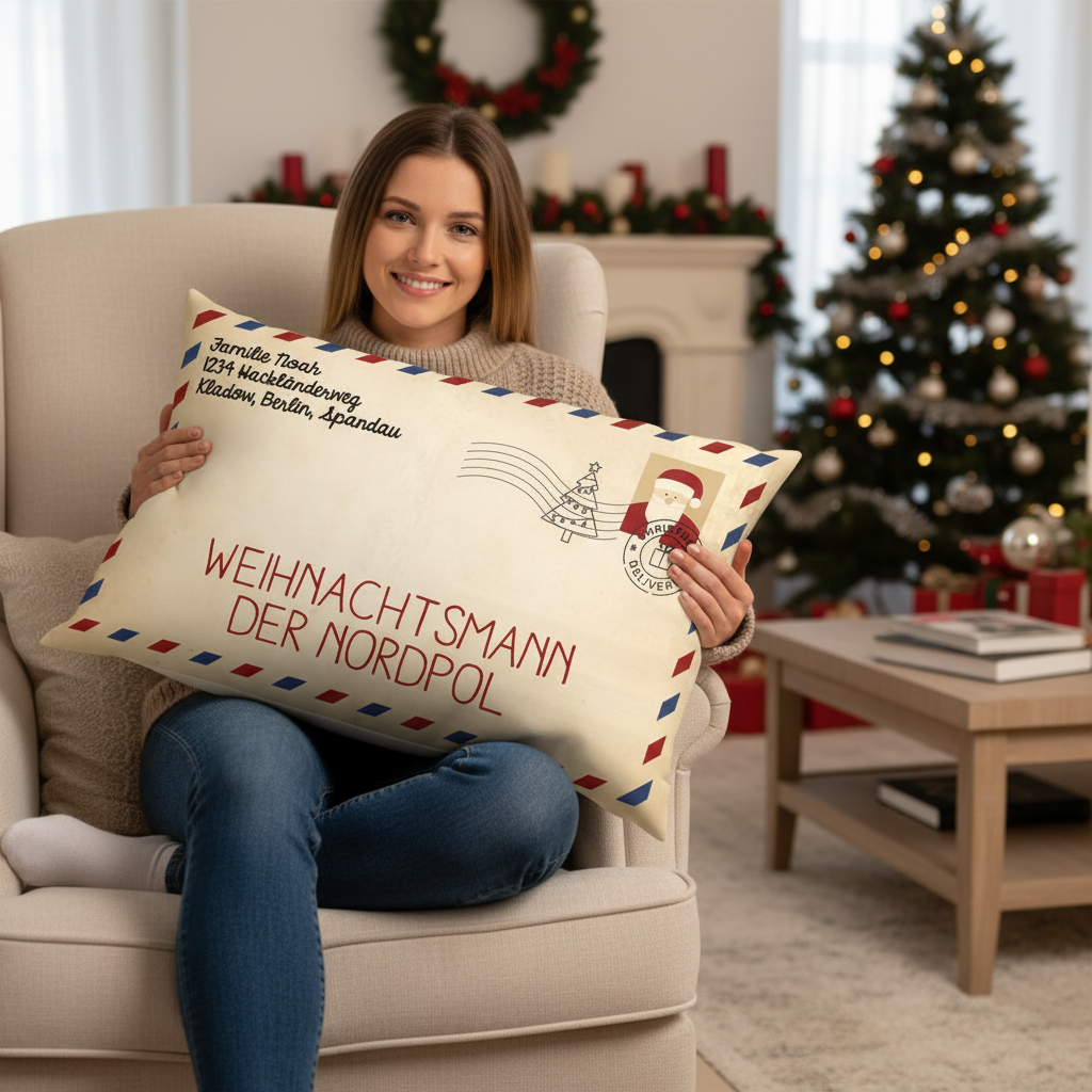 Geschenk für Familie - Brief an Weihnachtsmann - Personalisiertes Kissen