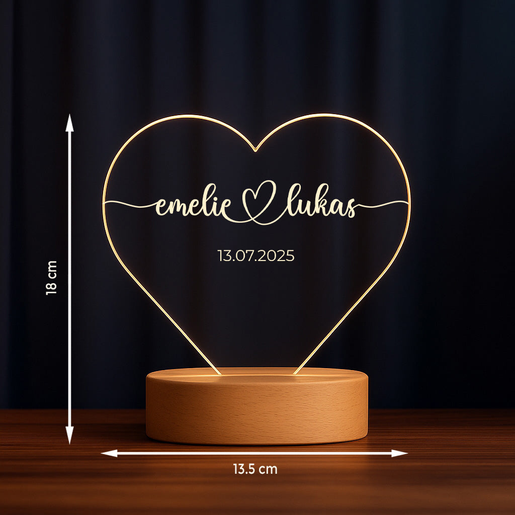 Geschenk für Paare – Namen & Datum – Personalisierte Herz-Acryl Nachtlampe