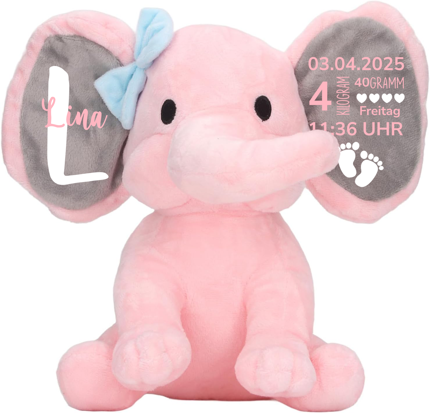 Geschenk zur Geburt - Geburtsanzeige - Personalisierter Plüsch-Elefant