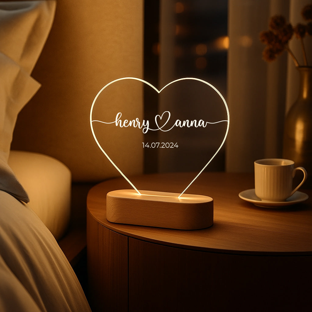 Geschenk für Paare – Namen & Datum – Personalisierte Herz-Acryl Nachtlampe
