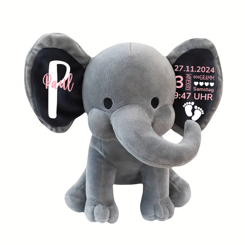 Geschenk zur Geburt - Geburtsanzeige - Personalisierter Plüsch-Elefant
