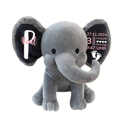 Geschenk zur Geburt - Geburtsanzeige - Personalisierter Plüsch-Elefant