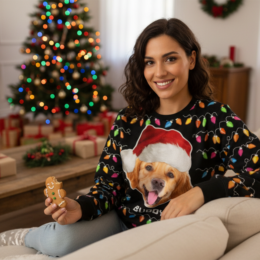 Foto-Pullover “Du bist pfotenstark” mit Hund & Katze – Hässlicher Weihnachts-Pullover - Unisex Wollpulli - Weihnachtsgeschenk für Tierbesitzer, Tierliebhaber & Familienmitglieder