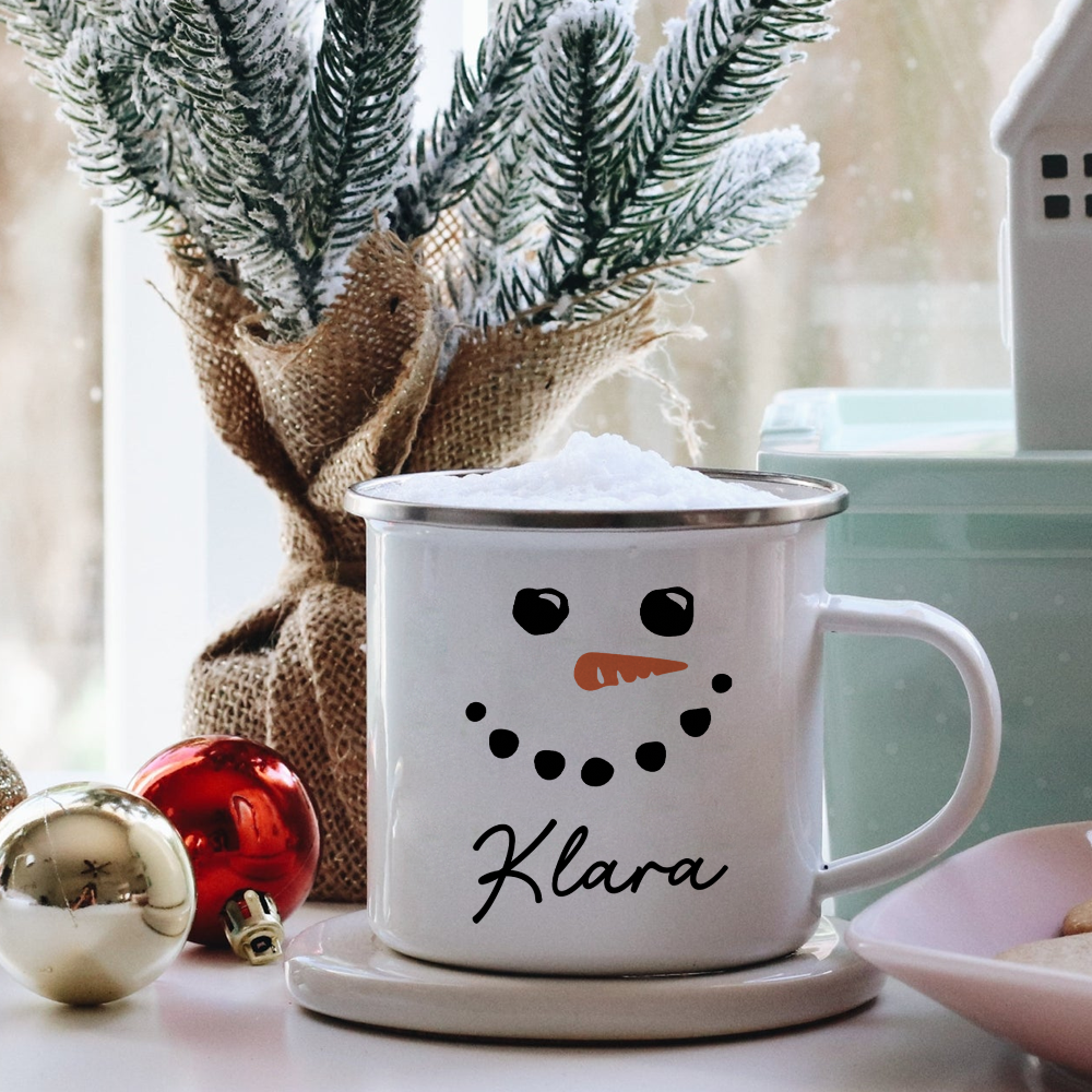 Geschenk für Kinder – Schneemann – Personalisierte Emaille-Tasse