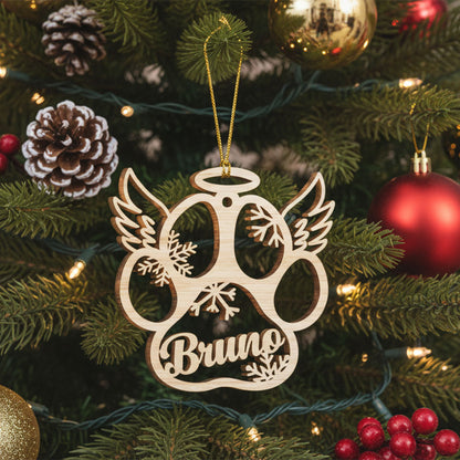 Geschenk für Tierliebhaber - Frohe Weihnachten mit Fellbabys (Hund, Katze & Engelsflügel) - Personalisiertes Pfoten-Holzornament