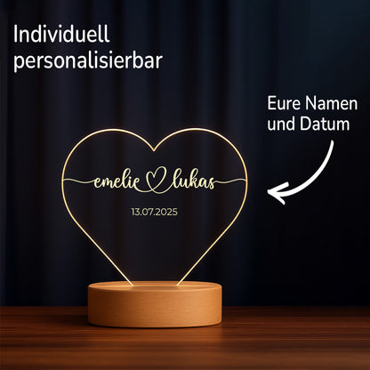 Geschenk für Paare – Namen & Datum – Personalisierte Herz-Acryl Nachtlampe