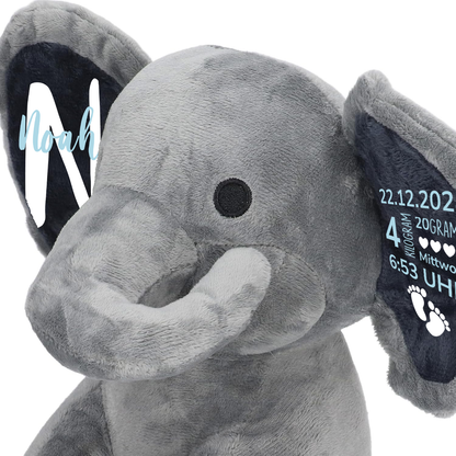 Geschenk zur Geburt - Geburtsanzeige - Personalisierter Plüsch-Elefant
