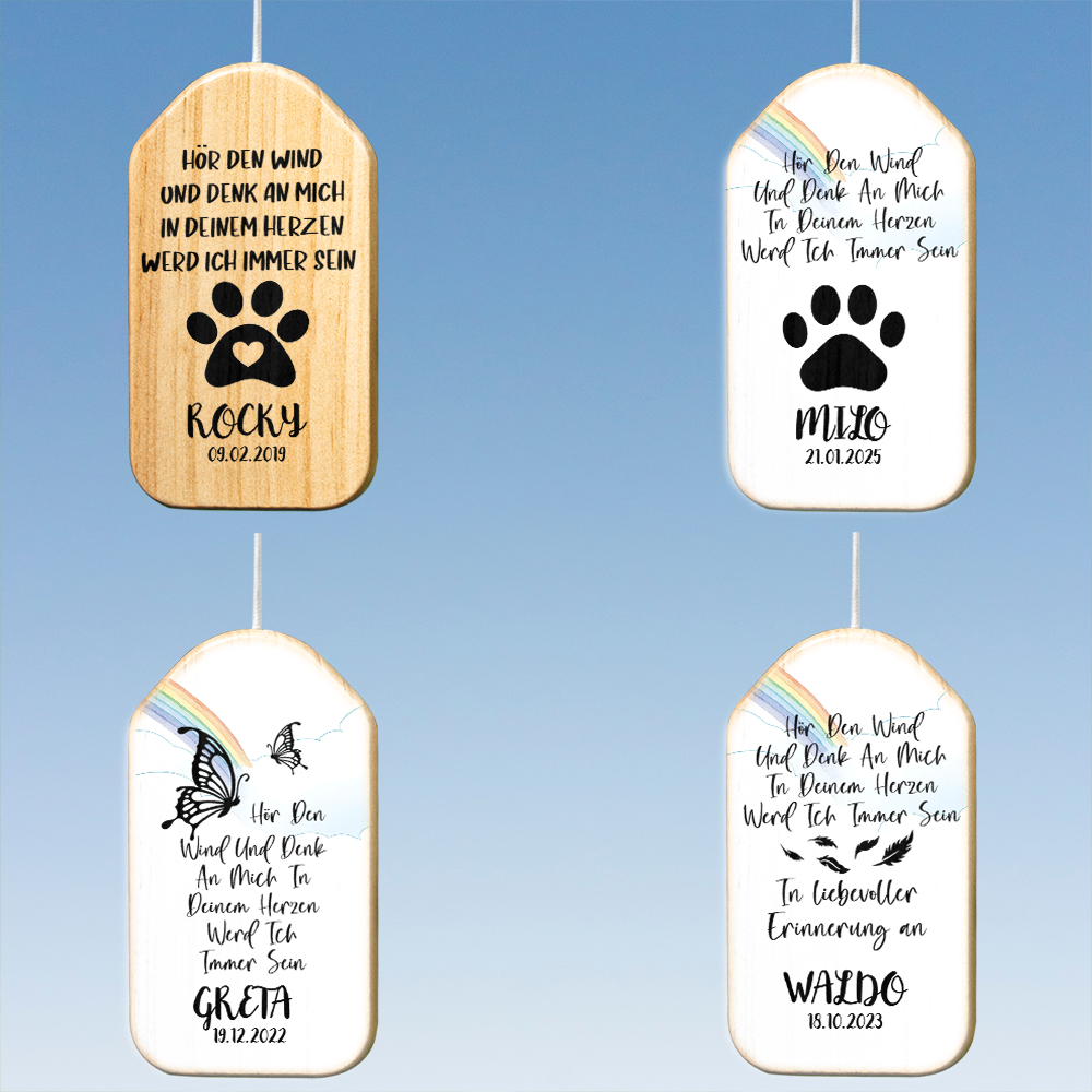 Geschenk für Tierliebhaber - Regenbogenbrücke Windspiel mit Namen und Datum Memorial Sympathie Haustier Verlust - Personalisiertes Windspiel