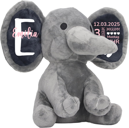 Geschenk zur Geburt - Geburtsanzeige - Personalisierter Plüsch-Elefant