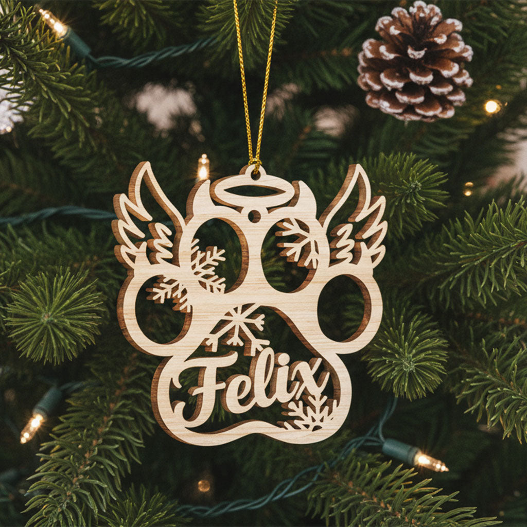 Geschenk für Tierliebhaber - Frohe Weihnachten mit Fellbabys (Hund, Katze & Engelsflügel) - Personalisiertes Pfoten-Holzornament