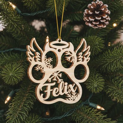 Geschenk für Tierliebhaber - Frohe Weihnachten mit Fellbabys (Hund, Katze & Engelsflügel) - Personalisiertes Pfoten-Holzornament
