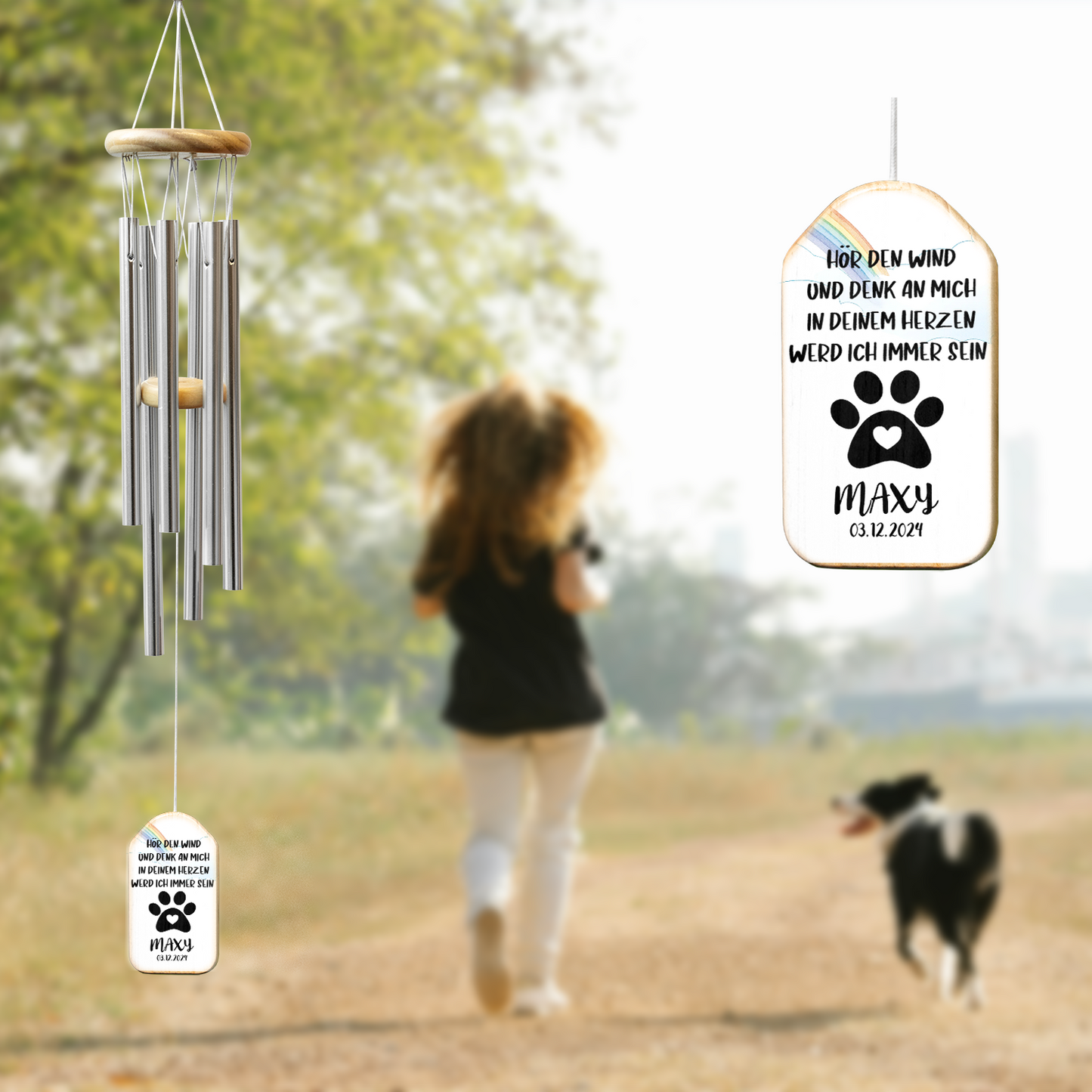 Geschenk für Tierliebhaber - Regenbogenbrücke Windspiel mit Namen und Datum Memorial Sympathie Haustier Verlust - Personalisiertes Windspiel