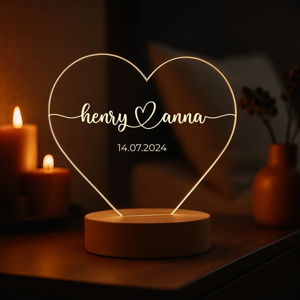 Geschenk für Paare – Namen & Datum – Personalisierte Herz-Acryl Nachtlampe