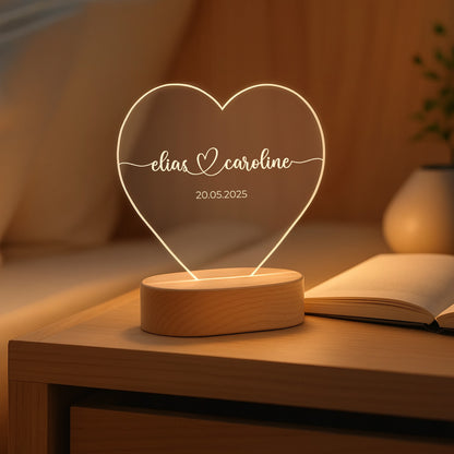 Geschenk für Paare – Namen & Datum – Personalisierte Herz-Acryl Nachtlampe