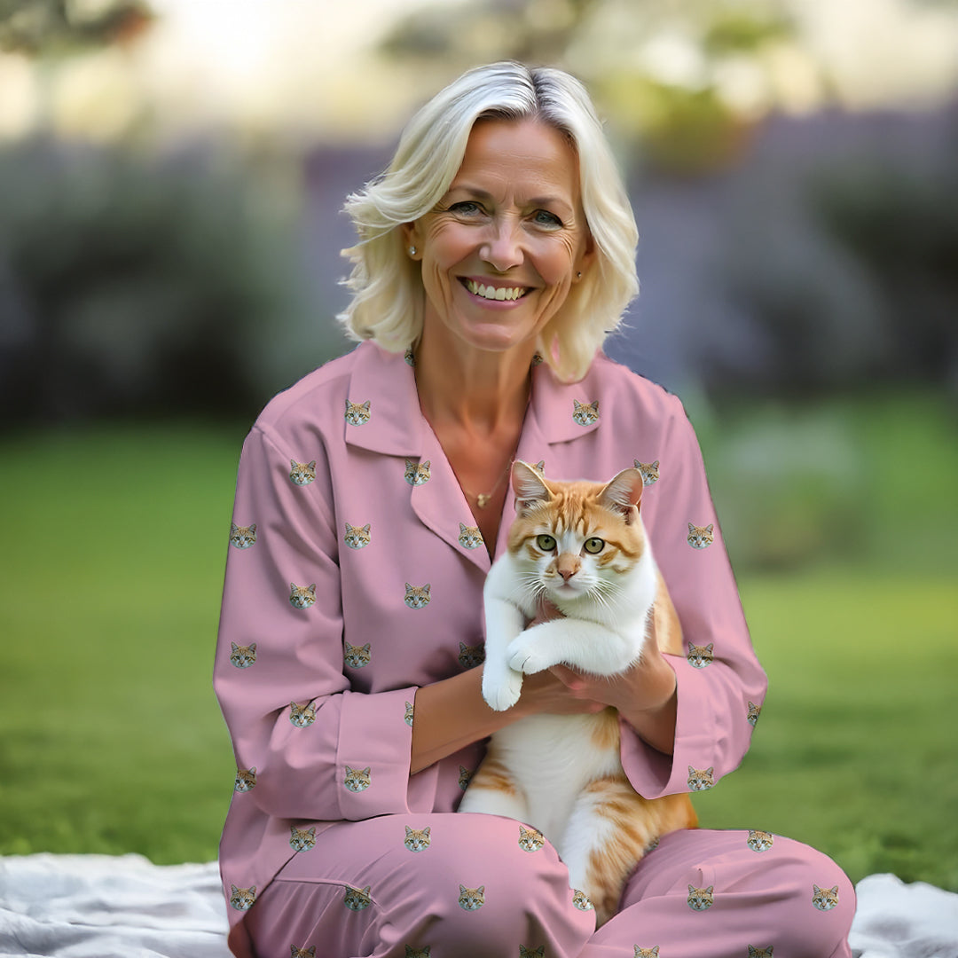 Frau in rosa Pyjama-Set mit Katzenmotiv – Halt orangefarbene Tabby-Katze im Freien